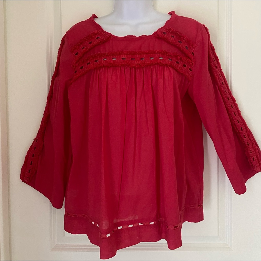 LOFT Cherry Fringe Eyelet Embroidered Cotton Boho Top Summer Casual Everyday PM